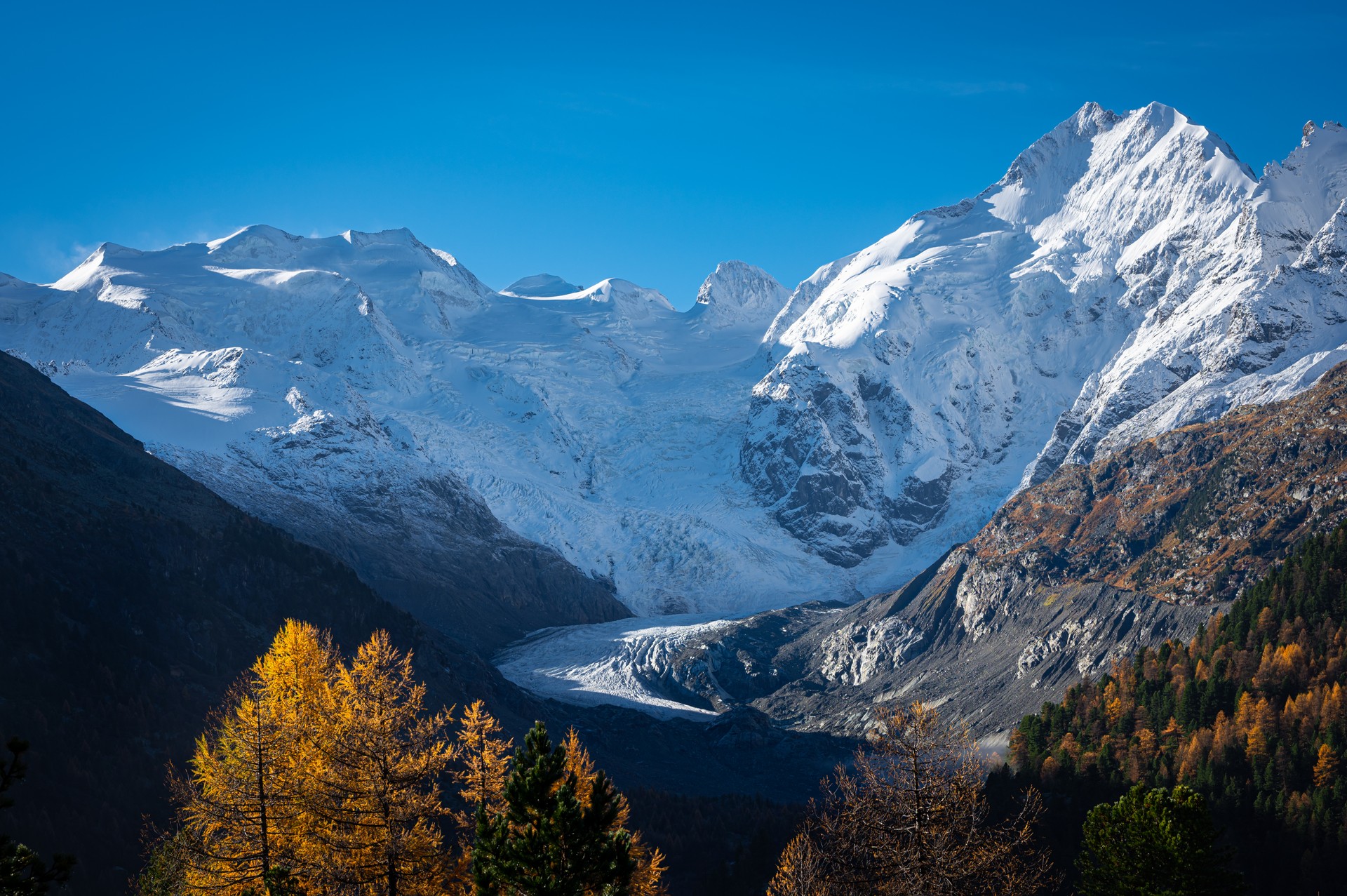 Majestic view of the Morteratsch Glacier, Switzerland in autumn Majestic view of the Morteratsch Glacier, Switzerland in autumn